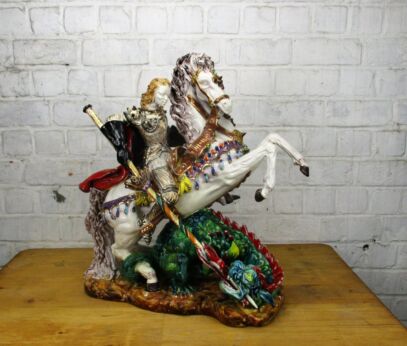 Large Gorgeous Statue Saint George slaying Dragon Pattarino Marioni Terracotta