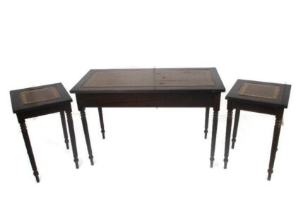 set of 3 large nesting stacking Side Coffee tables Wood Faux Leather Top Drawer Very Rare WoW