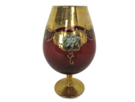 Vintage Goblet Apothecary Jar Art Glass Red Mid Century Gorgeous hand Painted Flowers Moser style