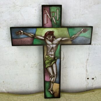Gorgeous Wall Hanging Crucifix Opaline Look Leaded Glass Style Wood Resin?