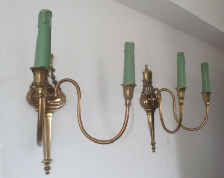 L Vintage Pair Brass Ornate Hollywood Regency Wall Sconces Green Plastic Candles