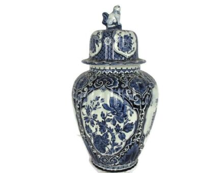 Large Royal Sphinx Delft Vase Urn Marked Blue White Foo Dog Marked Hand Painted Vintage 17.71"
