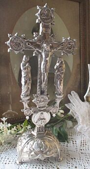 Large Antique Ornamental Silver Metal Jesus Christ Cross Crucifix Saints Altar
