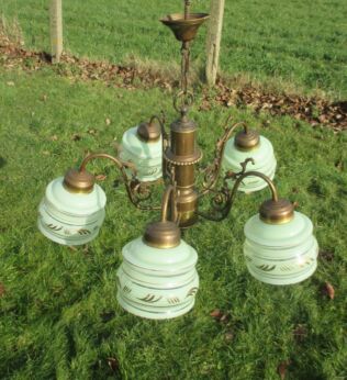 Vintage Green Glass Art Deco Shades Chandelier Ligh Lamp Chandelier Brass Gold Gilt