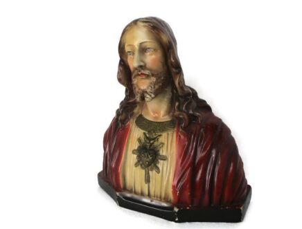 Large Art Deco 1920s Bust Jesus Christ Holy Sacred Heart Polychrome Plaster Signed Jean Carli Gorgeous