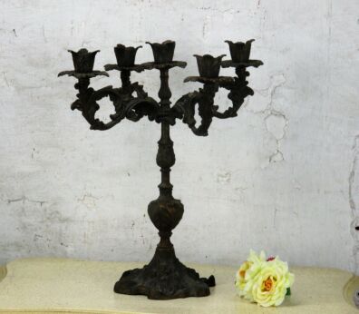 Large Mid Century Modern Ornate Spelter 5 Arm Candle Holder Candelabra 16"