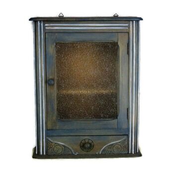 Hand Carved Wood Medicine Wall Cabinet Apothecary Amber Bubbled Glass Door HTF
