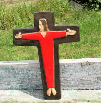 Mid Century Modern Ceramic Crucifix Ceramics Jesus Christ F. Sanchez Metallic