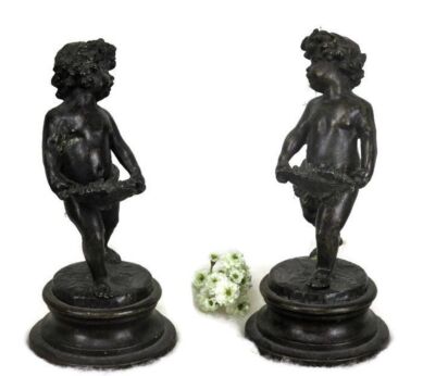 Couple Pair Statues Cherub Putti Eros Boys Bronze Ornate Heavy Signed 11.41"