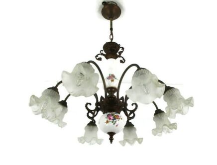 Chandelier 8 arm Lights Italian Porcelain Flowers Flower Glass Shades Vintage