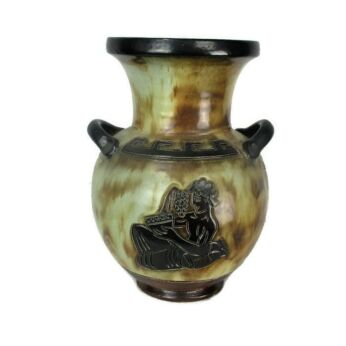 Art Deco Revival Vase Marked Guerin 3 Handles Greek Mythology Stoneware 12.20"