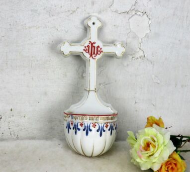 L Antique French Holy Water Font Porcelain Crucifix Asperges Collector HTF 10"