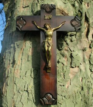 Vintage Wood Hanging Crucifix Cross Jesus Christ Brass Corpus 17.72"