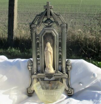 French Holy Water Font Spelter Plastic Holy Mother Virgin Mary Lourdes Vintage