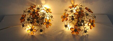 2 Wall Sconces Banci Firenze Flush Mount Hollywood Regency Art Glass flowers