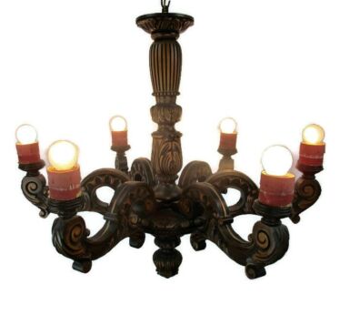 Large Vintage Ornate Hand Carved wood Chandelier 6 lights arms Ceiling Gorgeous