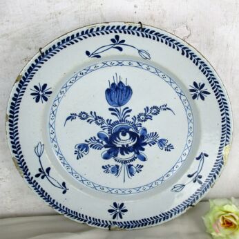 Large 19th Century Hand Painted Delfts Delft Blue Plate Flower Collector HTF