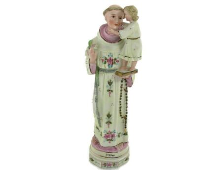 Antique St Anthony St Antonius Padua Statue Finder Lost Articles Lilies Bisque Beautiful 11.61"