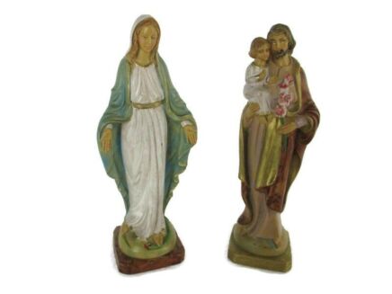 Small Pair  Statues  Figurines Immaculate Sacred heart Virgin Mary St Joseph and Infant Jesus Hard Plastic Italy