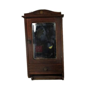 Vintage Ornate Wooden Oak Kitchen Apothecary Wall Cabinet Mirror Beveled Glass