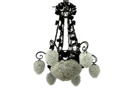 Wrought Iron Castle Chandelier Roses 6 Glass Grapes Art Deco era Van Boeckel WOW