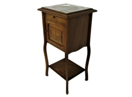 Antique French Art Deco Nouveau Marble top Hand Carved Wood Side Cabinet Lamp End Table Nightstand