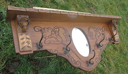 Antique 20th Century Flemish Carved Oak Coat Hat Rack Lion Heads Oval Mirror