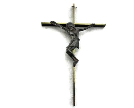 Lovely Vintage Ornate Wall Hanging Crucifix Cross Corpus Christi Jesus Christ Brass Modernist 9.05"