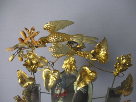 Antique Victorian French Bridal Wedding Dome Gold Gilt leaves Ormolu Birds 19thC