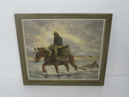 Oil Painting on Canvas Framed Shrimp Fisherman on Horse Seaside signed Giving Billy 1975