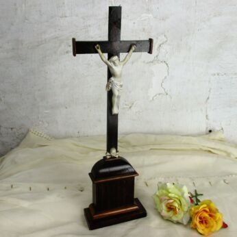 Antique French Standing Wooden Crucifix Jesus Christ Bisque Andenne Corpus 1900