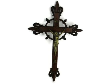 XL Hand Carved Wood French Hanging Ornate Crucifix Jesus Christ Fleur de Lis