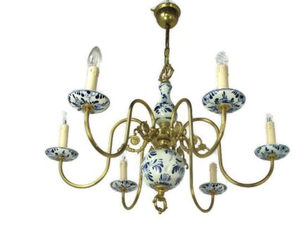 Delft Blue White Porcelain Ornate Brass Chandelier Dutch 6 Arm 6 Lights Country