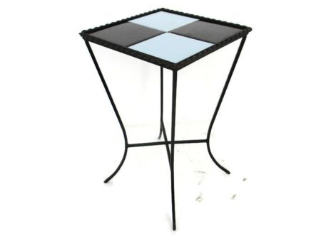 Vintage Side Table Plant stand Mosaic tiles Checkered Mettlach Wrought Iron