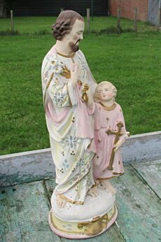 Antique Plaster Chalkware Saint Joseph with Child Statuette Statue 17.72"
