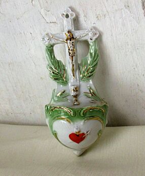 Antique French Holy Water Font Vessel Bisque Porcelain H Heart Crucifix HTF