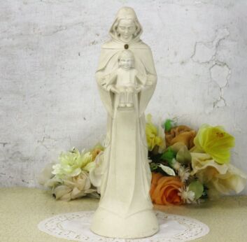 White Statue Virgin Mary Madonna Holy Mother Infant Child Plaster Art Deco 14 "