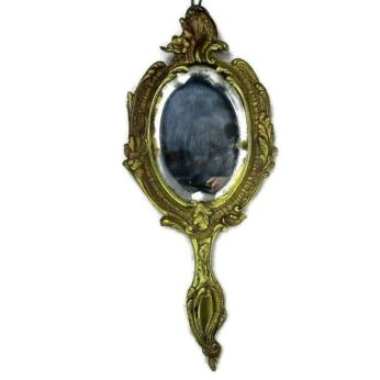 Antique Brass Hand Mirror Embossed Etched Beveled Glass Art Nouveau
