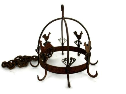 antique Hanging Butcher Rack Cast Wrought Iron 8 hooks French roosters Rustic Barn Country