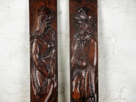 Pair Corbels Hand Carved Wood Panels Architectural Brueghel Style Woman Man