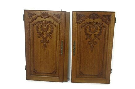 Tall Pair Antique Hand Carved Wood Door Panels Reclaimed Architectural Salvaged