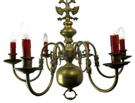 Vintage Ornate Flemish Dutch 6 Arms Lights Castle Chandelier Eagle Brass