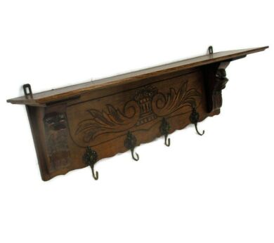 Hand Carved Wood Oak Wall Shelf Coat Hat Kitchen Rack Lion Heads Antique