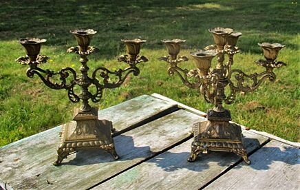 Couple Brass Ornate Candle Holders Candelabra Etched brass 5 arm and 3 arm