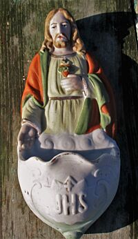 Vintage Polychrome Holy Water Font Porcelain Wall Hanging Jesus Christ