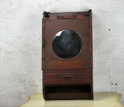 Vintage Hand Carved Wood Kitchen Apothecary Wall Cabinet Round Mirror Combs Dish