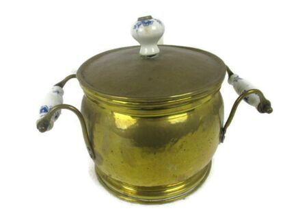 Vintage Hammered Brass Pot Lidded   Decorative  Delft Blue Handles Knob