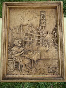 Vintage Hand Carved Panel Bruges Lace maker Wall Panel Decorative Signed Poppaz