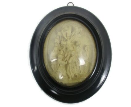 Antique Oval Ornate Wooden Frame  Convex Glass Dome Jesus Christ descent from the Cross
