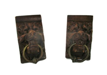Pair Corbels Hand Carved Wood Panels Architectural reclaimed Lion Heads Trim Brass Ring Antique